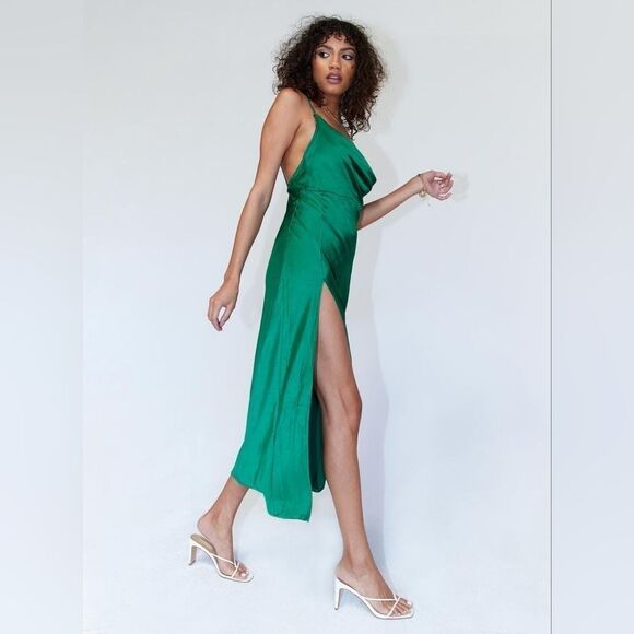 Princess Polly Green Walk The Line Satin Cowl High Slit Maxi Slip Dress XXS - Picture 4 of 8